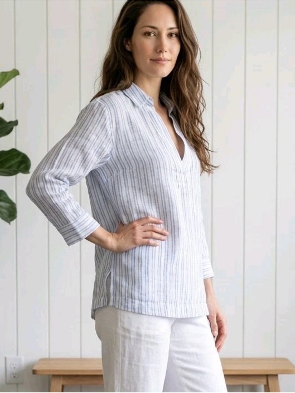 Martha Stewart Collection 100% Linen Blue & White Striped V-Neck Blouse Size M - Picture 2 of 11